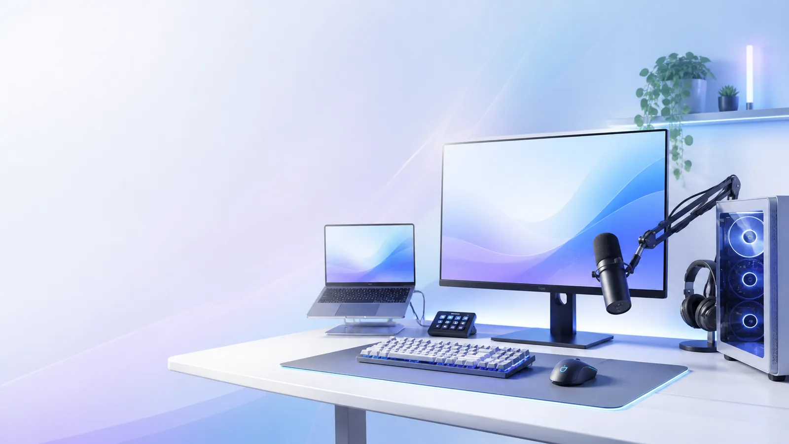 Modernes Gaming- und Office-Setup mit Monitor, Tastatur, Maus, Mikrofon und PC